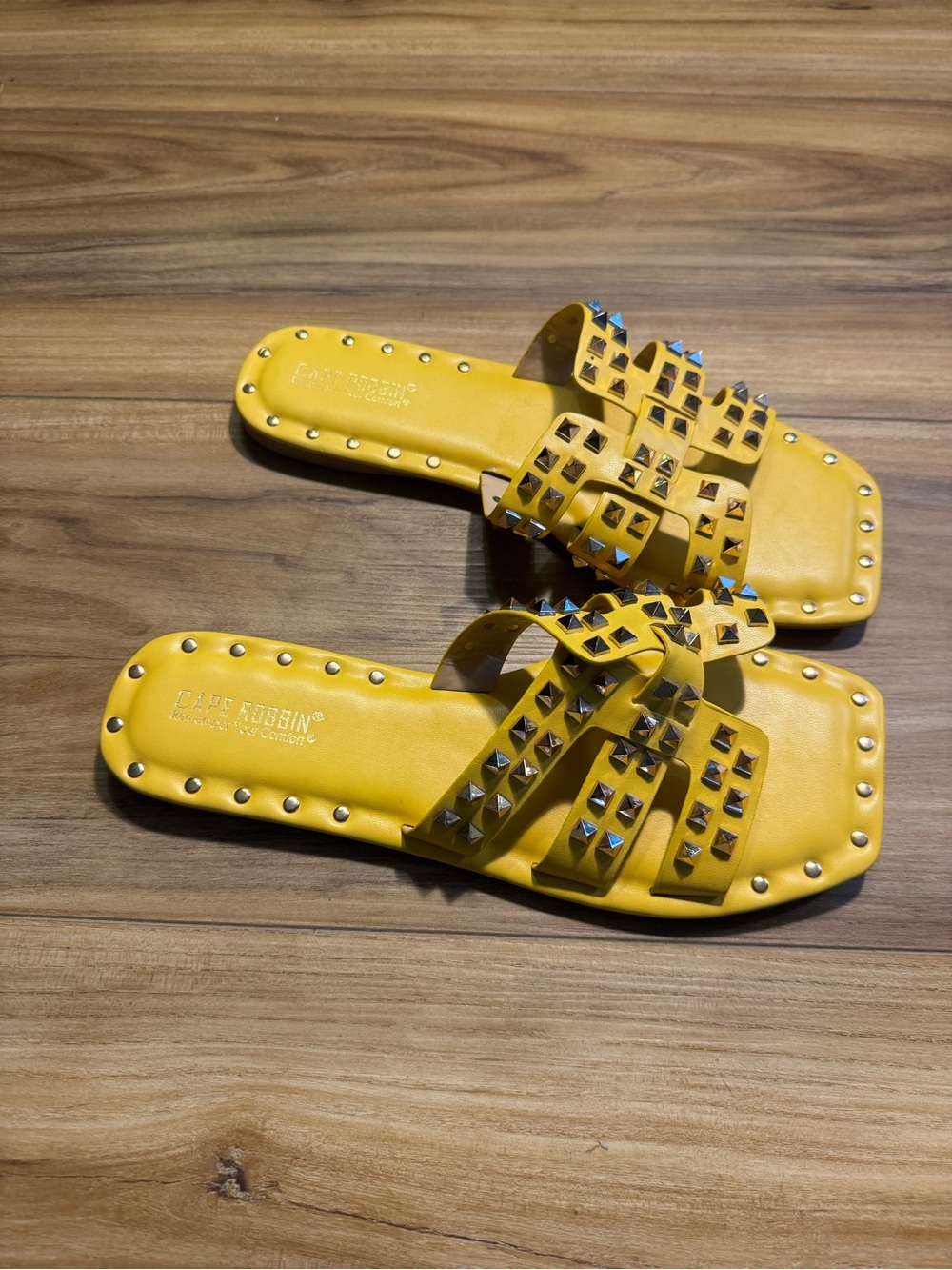 Cape Robbin Yellow Pyramid Stud Slide Sandals